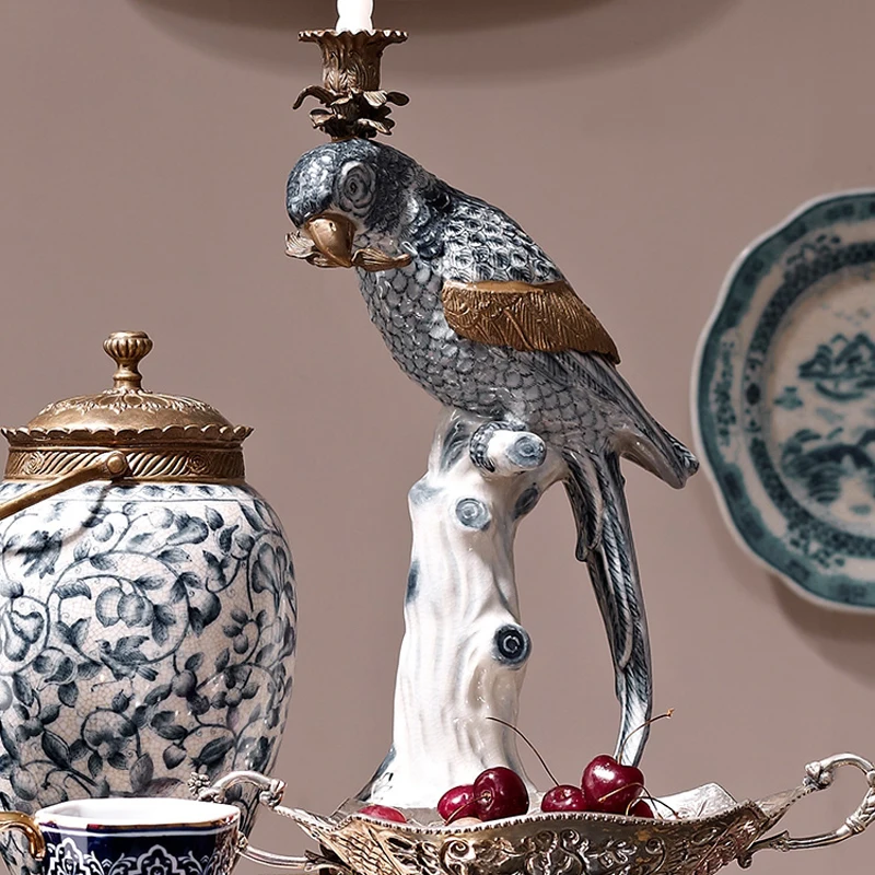 ntrance, ornamental fireplace, decorative ceramic blue and white, parrot candle holder, creative living room candle table 905