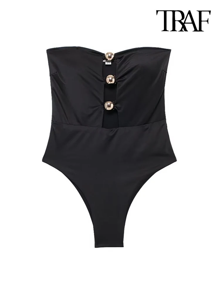 TRAF-Front With Metal Hollow Out Bodysuits for Women, Straight Neck, Skinny, Female Playsuits, Sexy Fashion