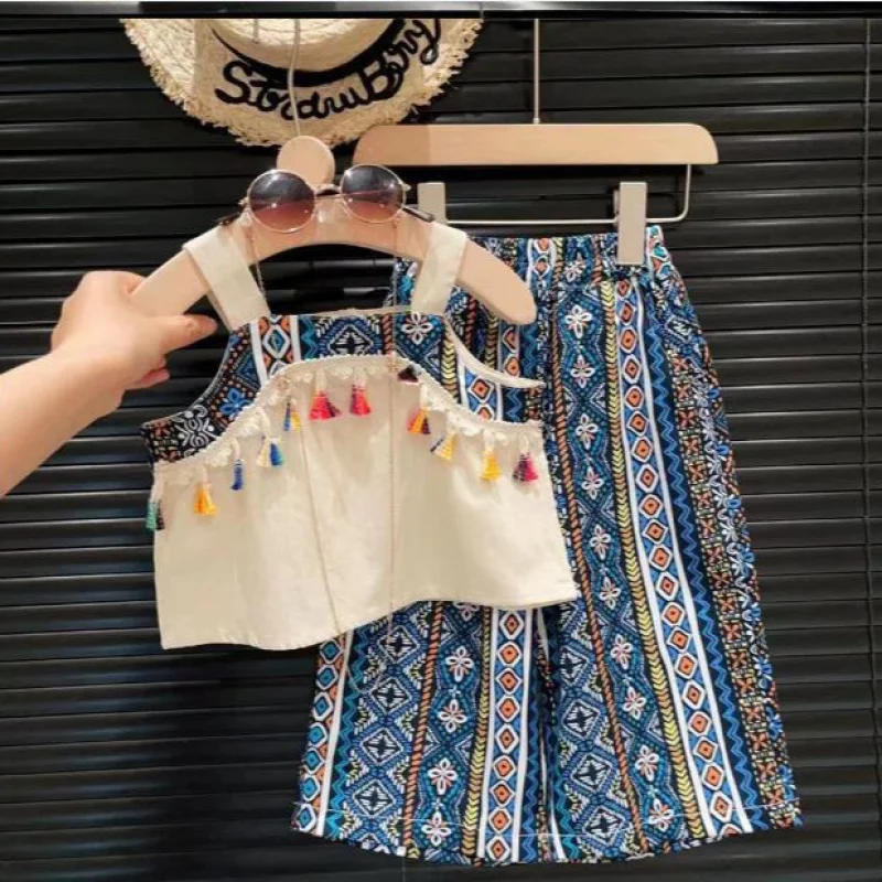 

2025Summer New Chinese Style Girl Tassel Spaghetti-Strap Camisole Top+Cropped Pants Two-Piece Suit