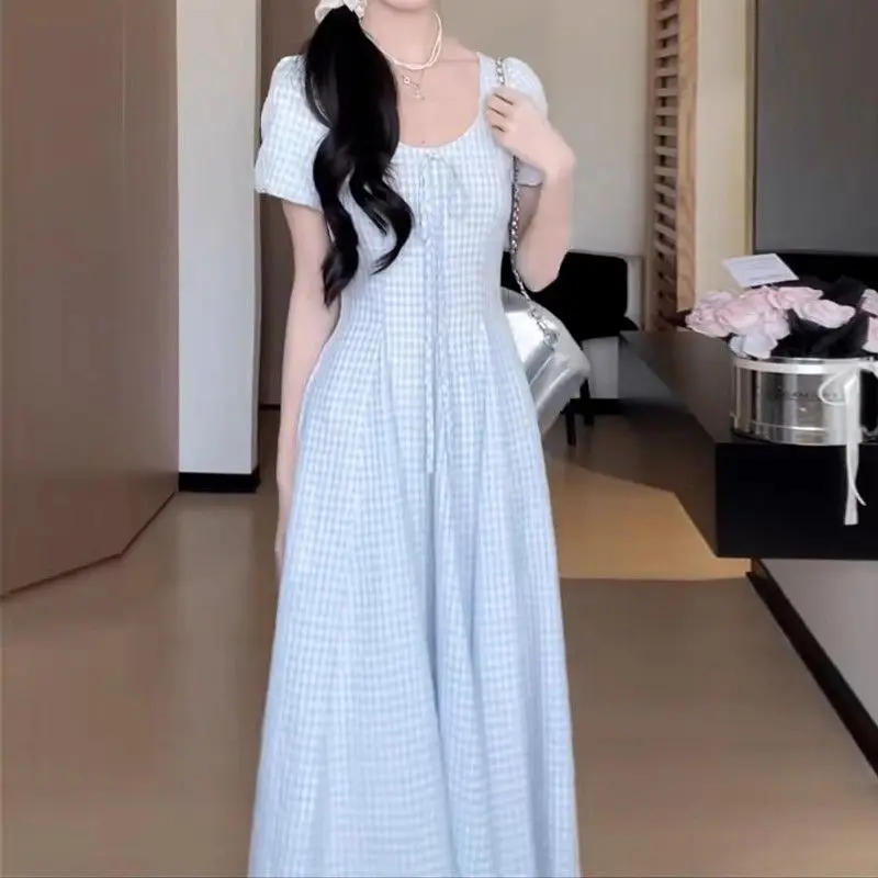 

French Check Square Neck Sweet Short Sleeve Dress 2025 Spring Summer Fairy Waist A Line Long Dress