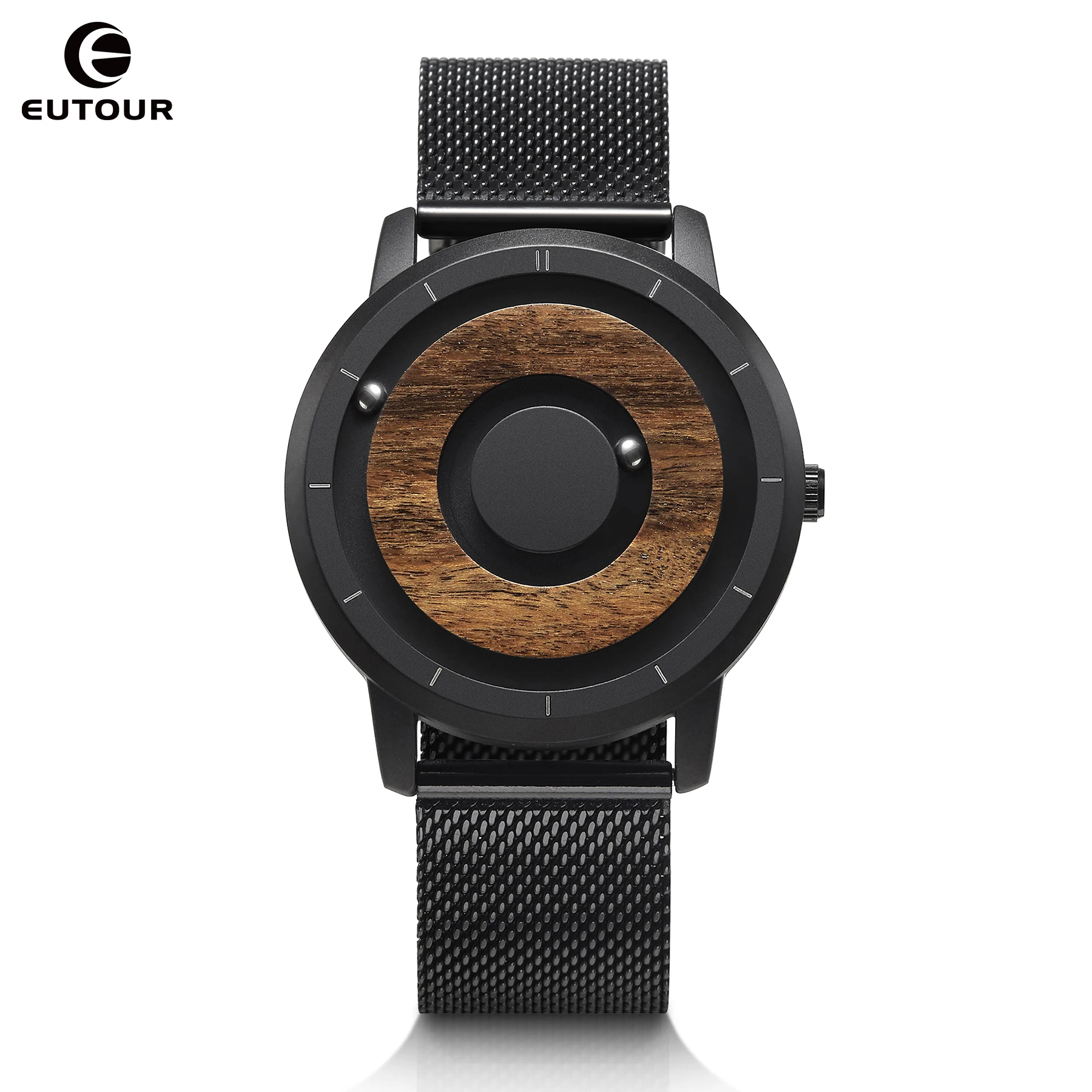 EUTOUR – montre à Quartz originale avec cadran magnétique en bois pour homme, montre Simple en acier inoxydable avec bracelet en cuir