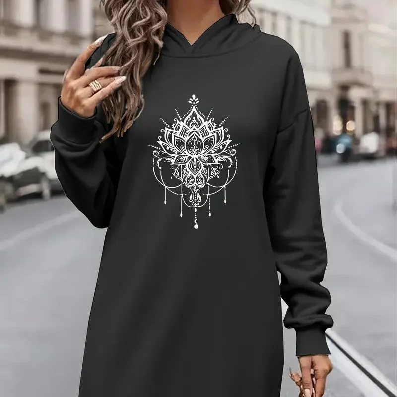 

Women's floral patterned hoodie dress - beige, featuring pink and blue floral prints, flowing long dress, suitable for autumn an