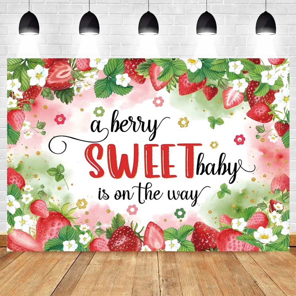 ธีมสตรอเบอร์รี่ฉากหลังปาร์ตี้วันเกิดสาวหวานตกแต่งวันเกิดครั้งแรกของทารกแรกเกิดถ่ายภาพพื้นหลังสตูดิโอถ่ายภาพ