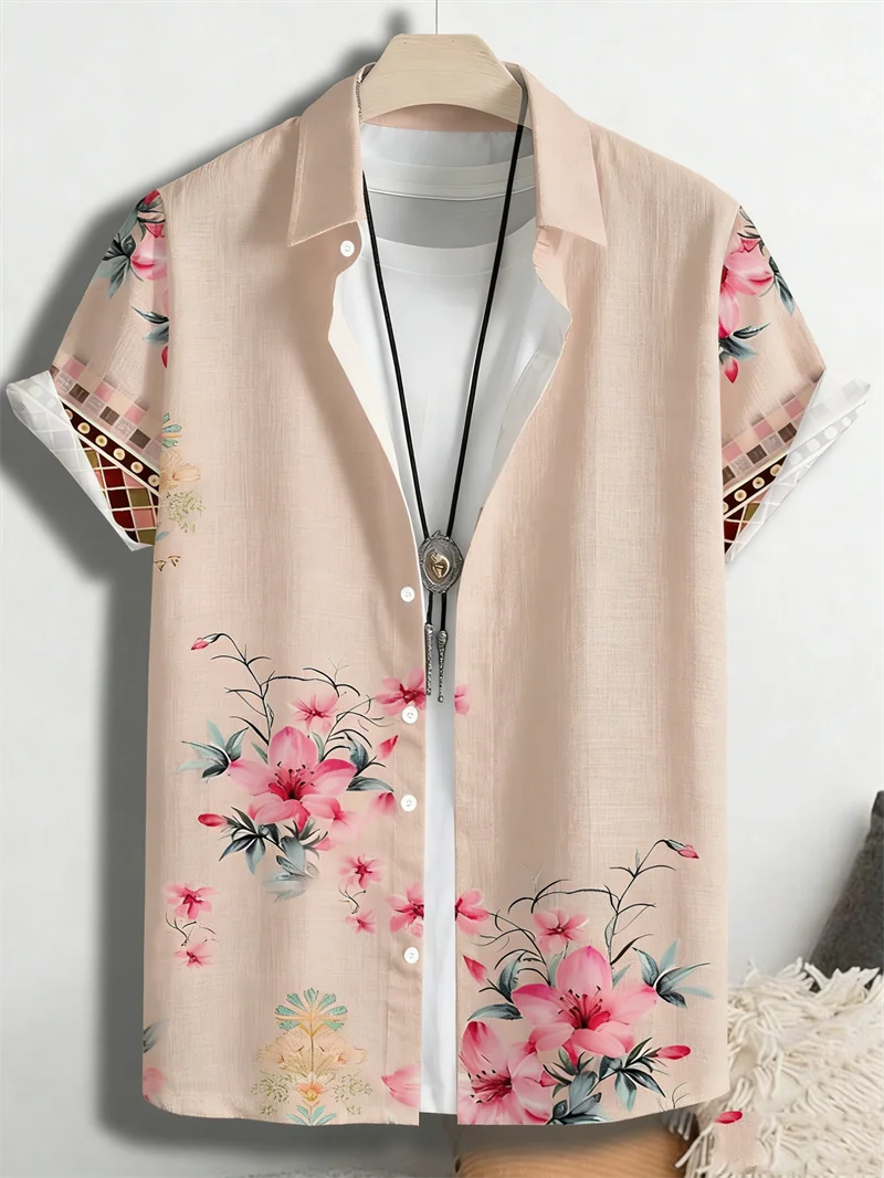 New 3D Chinese style lotus ink print men's short sleeved shirt linen new Chinese Zen style flip collar casual shirt