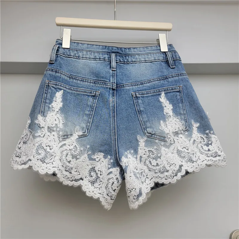 Women's High Waisted Denim Shorts Light Luxury Lace Patchwork Embroidery Diamond Studded Hot Pants Spicy Girl Casual Shorts