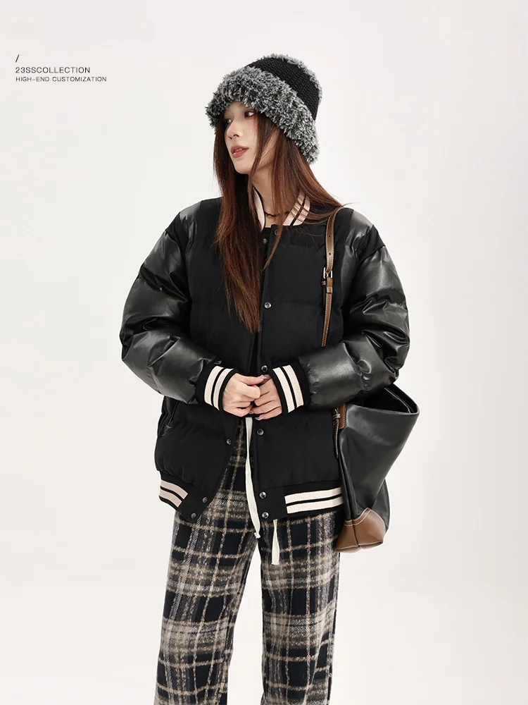 

Yang Pao Pao Thiened Bla PU Leather Cotton Jaet Women's Winter New Sle White Du down Slim Fit Coat Korean Sle