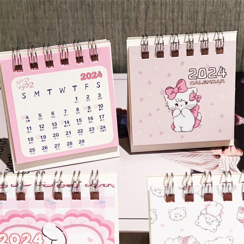 Calendario de escritorio de gato rosa de dibujos animados, Mini lindo Calendario de escritorio abatible de pie, pequeño calendario mensual de planificación diaria para el hogar, 2024