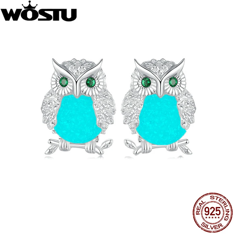 WOSTU 925 Sterling Night Owl Style Luminous Stud Earrings Women Glow in the dark Ear Animal Pendientes Girl Best Birthday Gift