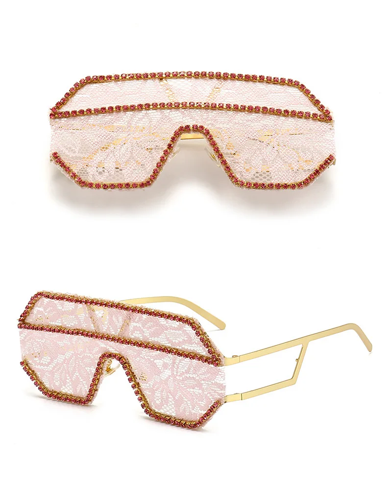 Ein Stück Floral Spitze Sonnenbrille Frauen Punk Großen Rahmen Diamant Sonnenbrille Weibliche Flache Top Strass Outdoor Fashion Brillen – Detail 25