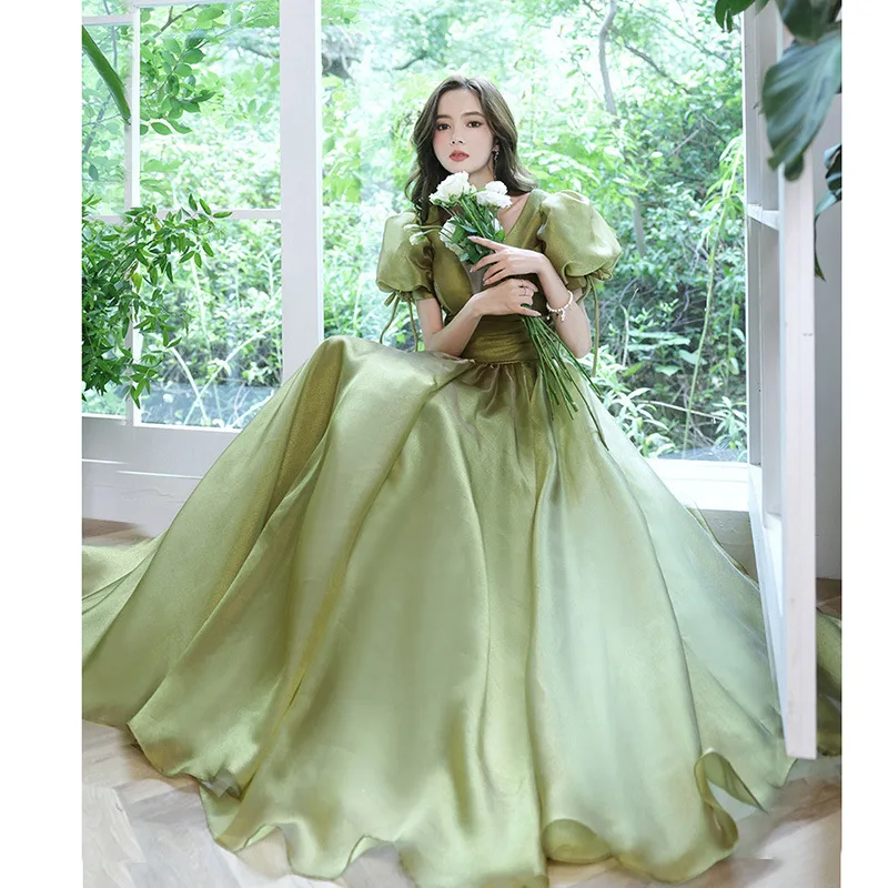 High Quality Green Long Evening Dress Puff Sleeve A-line V-neck Banquet Gowns Lace Up Backless Cocktail Party Dress