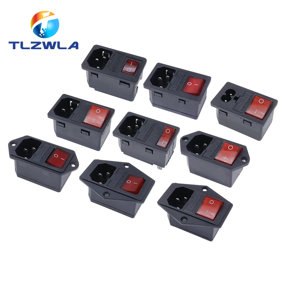 Inlet Plug Pin Connector 3 Pin IEC320 C14 Electrical Socket LED 250V Rocker Switch Brass 10A Fuse Computer Mount Accessories