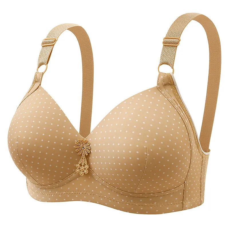 Printed Polka Dot Wireless Plus-Size Ladies Lightweight Breathable Girl's Bra Three-Row Hooks Middle-Aged Women Brassiere Daily
