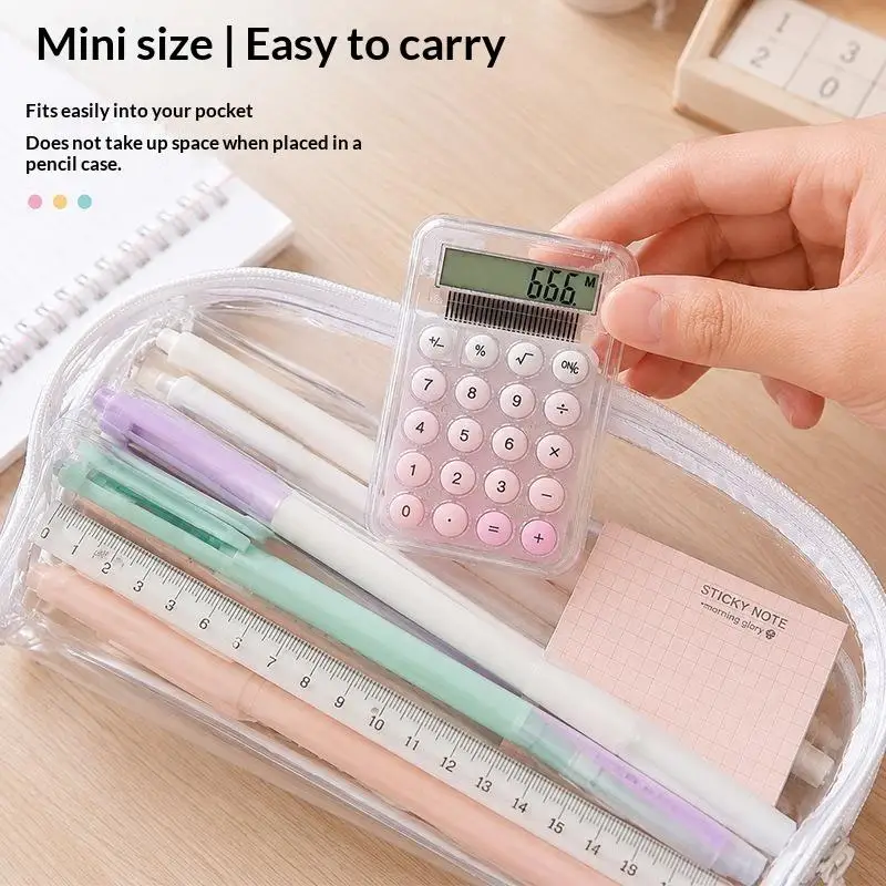Mini Transparent Cute Calculator Macaron Round Buttons 8 Digit LCD Display for Student School Office Daily Calculation Work
