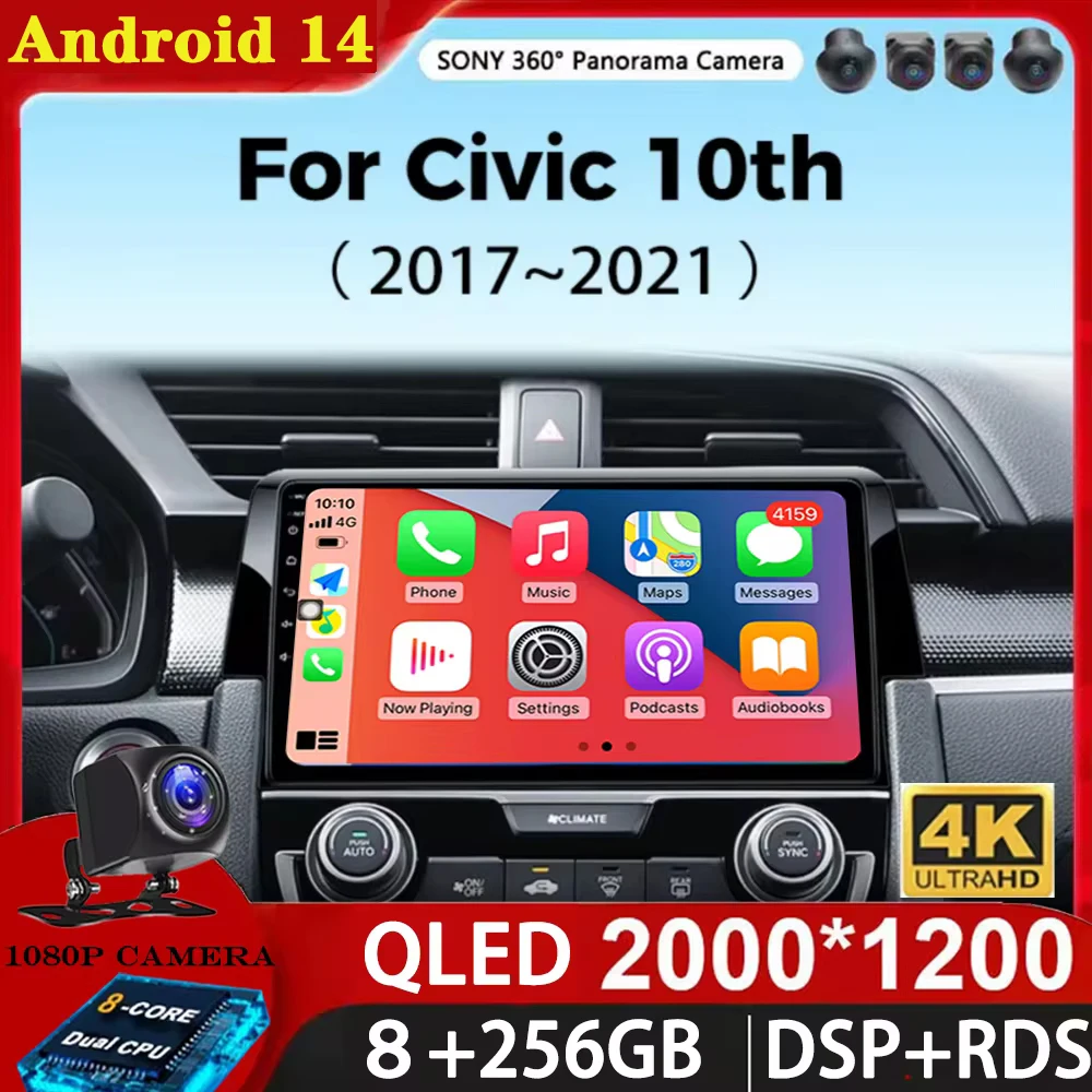 For Honda Civic 10th 2016 2017 2018 2019-2021 Android 14 Carplay Auto Car Radio Multimedia Video Player Navigation GPS 4G WIFI