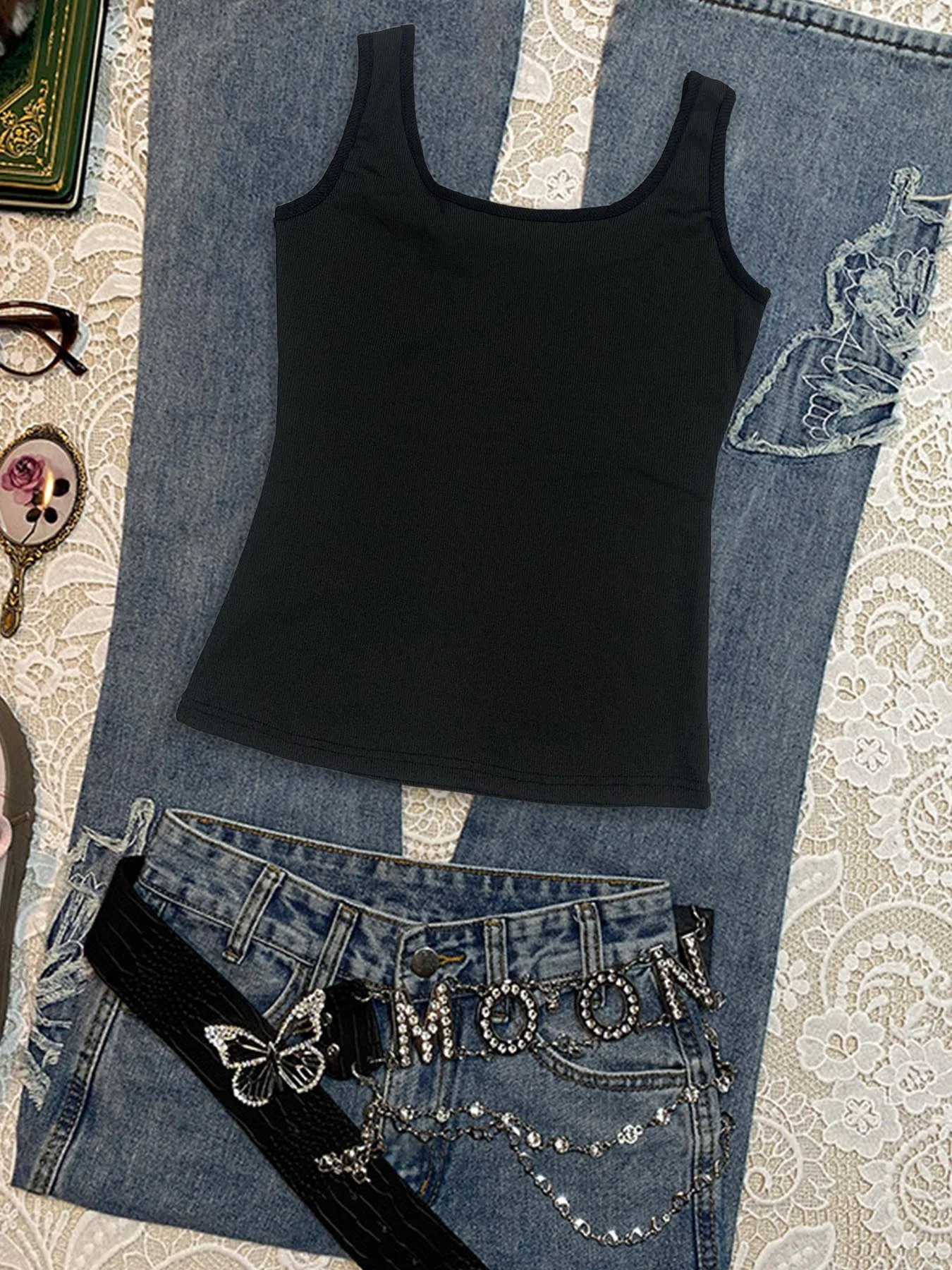 American Retro Dark Brown Ribbed Tank Top Silver Big O Ring Cutout Stud Fitted Crop Cami