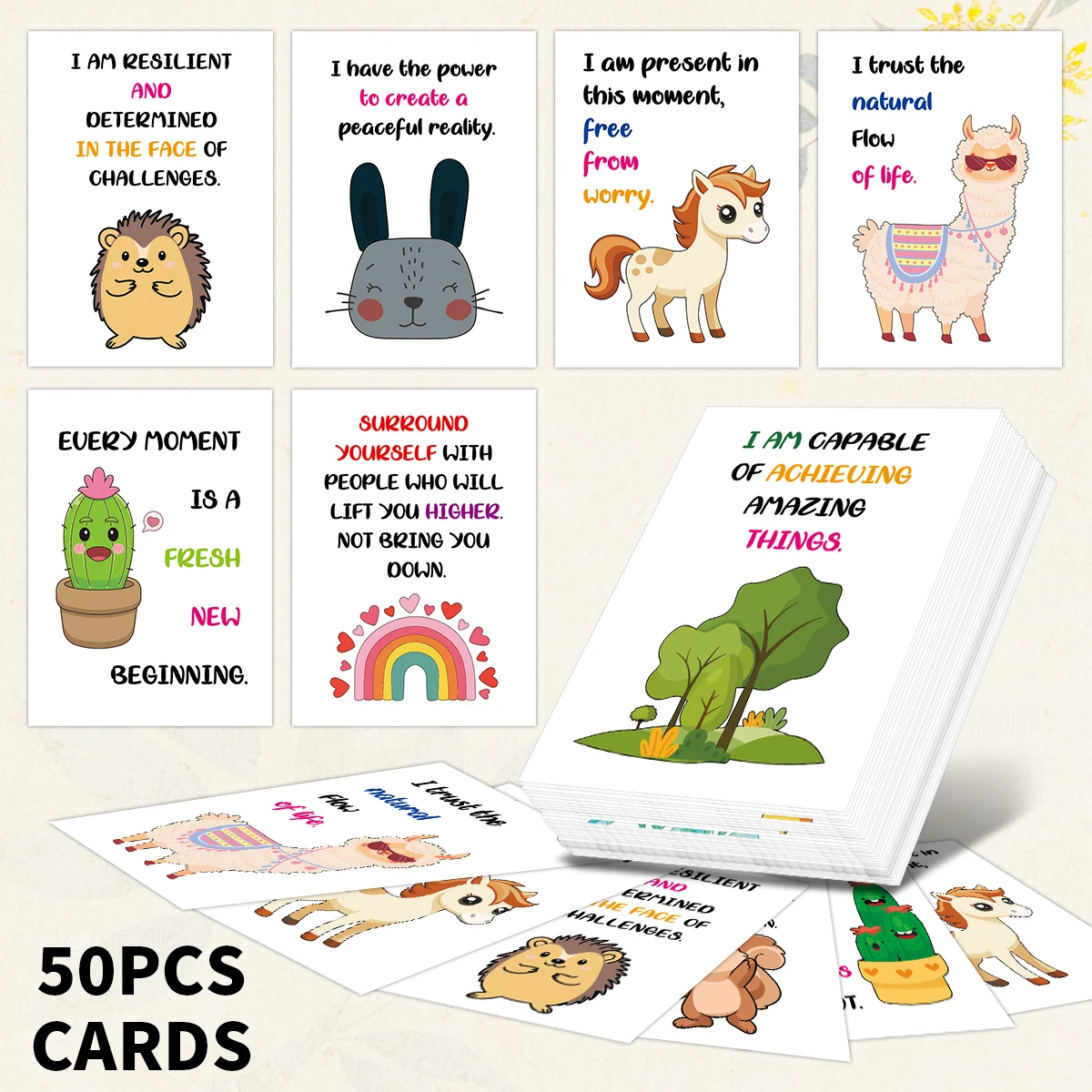 50 cartes d'affirmation en anglais au design de dessins animés, cartes de messages de motivation pour la croissance, la pleine conscience, cadeaux de récompense pour les élèves en classe