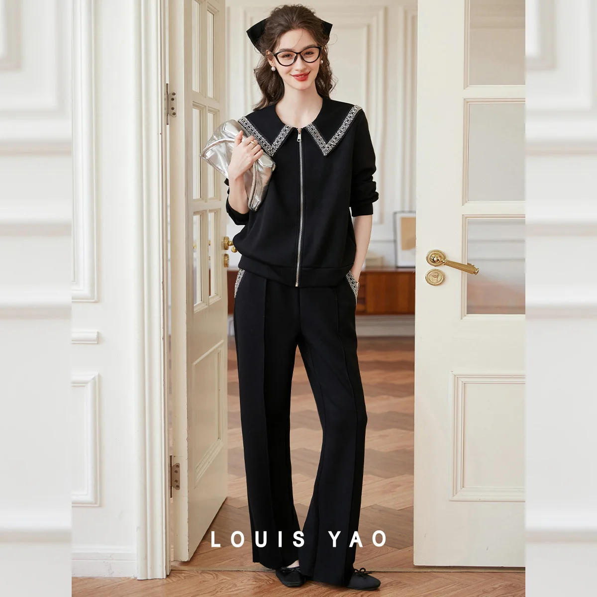 

LOUIS YAO Women's Tracksuit Set 2026 Spring/Autumn Fashion 2-Piece Outfit Wide Lapel Cropped Jacket & Loose Wide-Leg Sweatpants