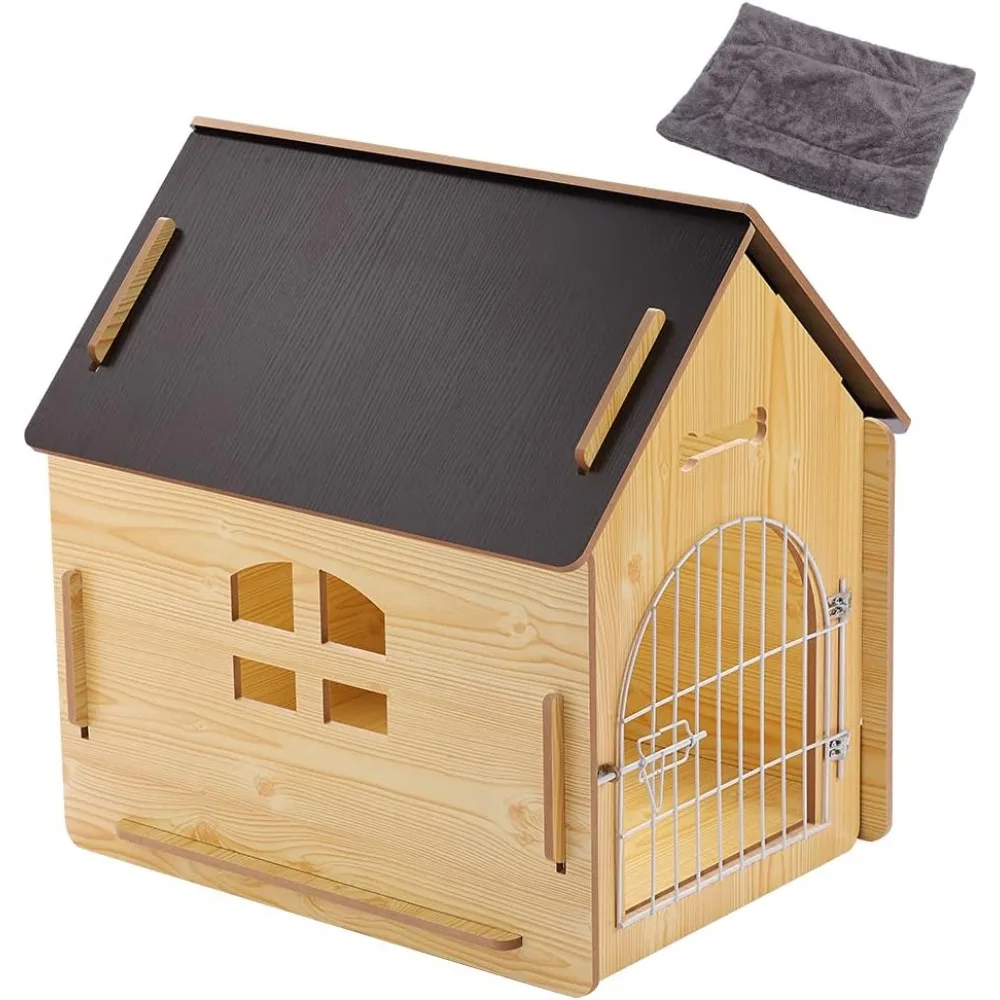 Wooden Pet House with Roof for Dogs Indoor and Outdoor Use, Easy Assemble Breathable Dog Crate for Small Medium Dog Cat, Dog