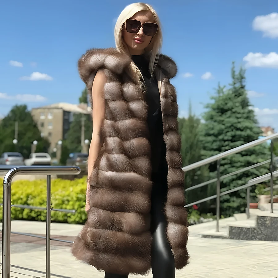 

Natural Fox Fur Vest For Women Luxury Real Fur Vests With Hood Genuine Fur Coat Long Fox Fur Gilet High Quality New Arrivals