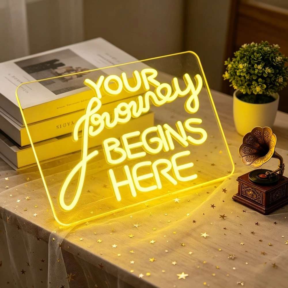 Your Journey Begins LED Neon Sign Here Inspirational Quote USB PowerDimmable Wall Art Decor for Home Office Entryway Motivation