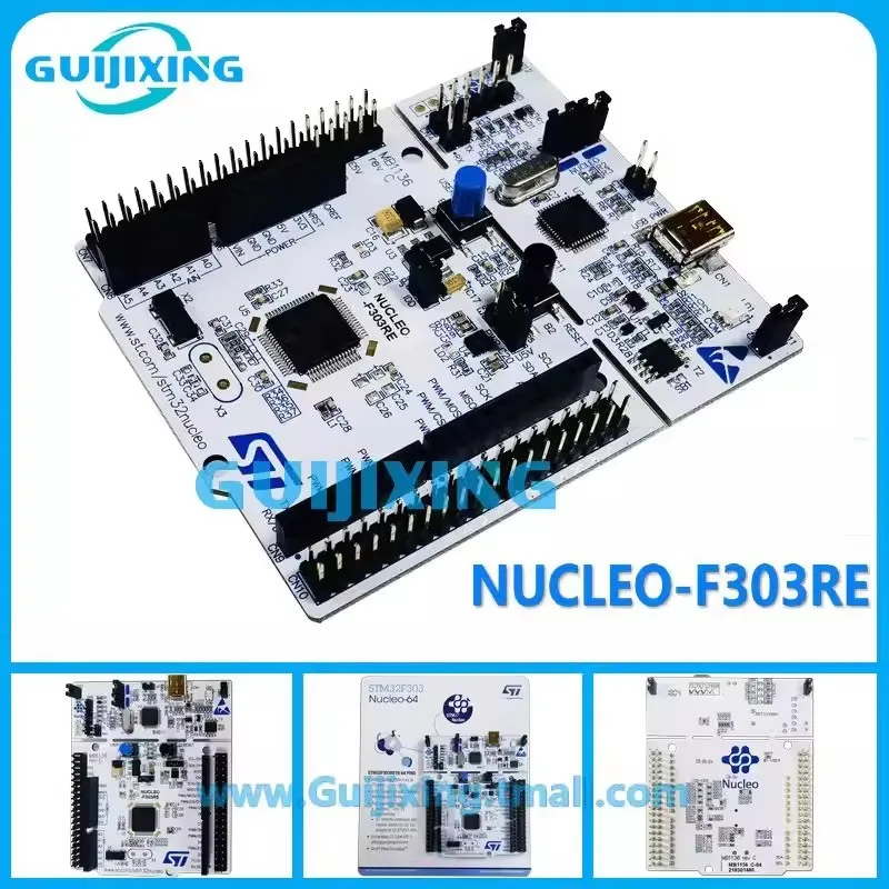 The off-the-shelf NUCLEO-F303RE uses the STM32F303RET6 microcontroller STM32 Nucleo-64 development board