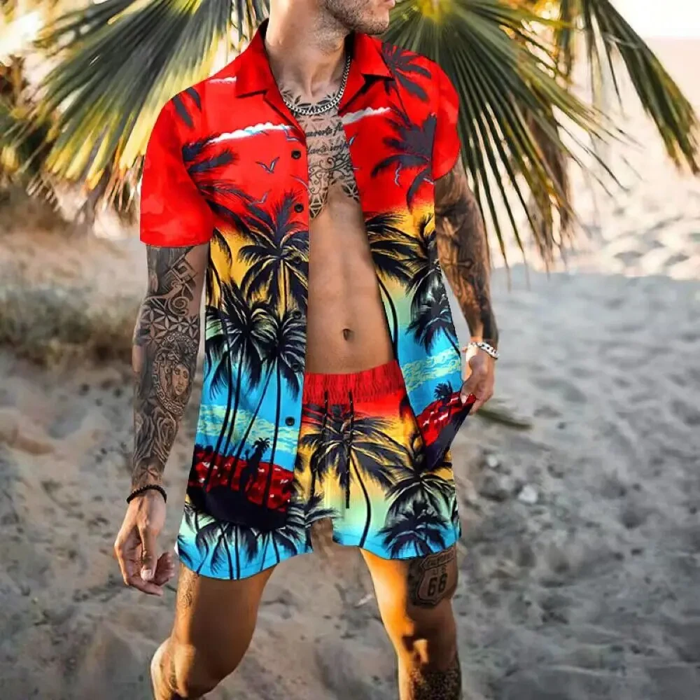 Cárdigan Hawaiano para hombre, conjunto de 2 piezas, camisa de manga corta con botones y estampado 3D, pantalones cortos de playa para vacaciones,