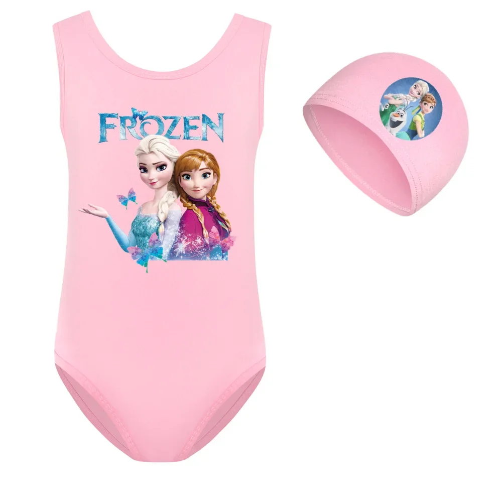 Girls One Piece Swimsuit Swimwear Bathing Suit Cartoon Frozen Anna Elsa Kid Sport Swimsuit Swimming Cap 2 Pcs/Set Baby Beachwear