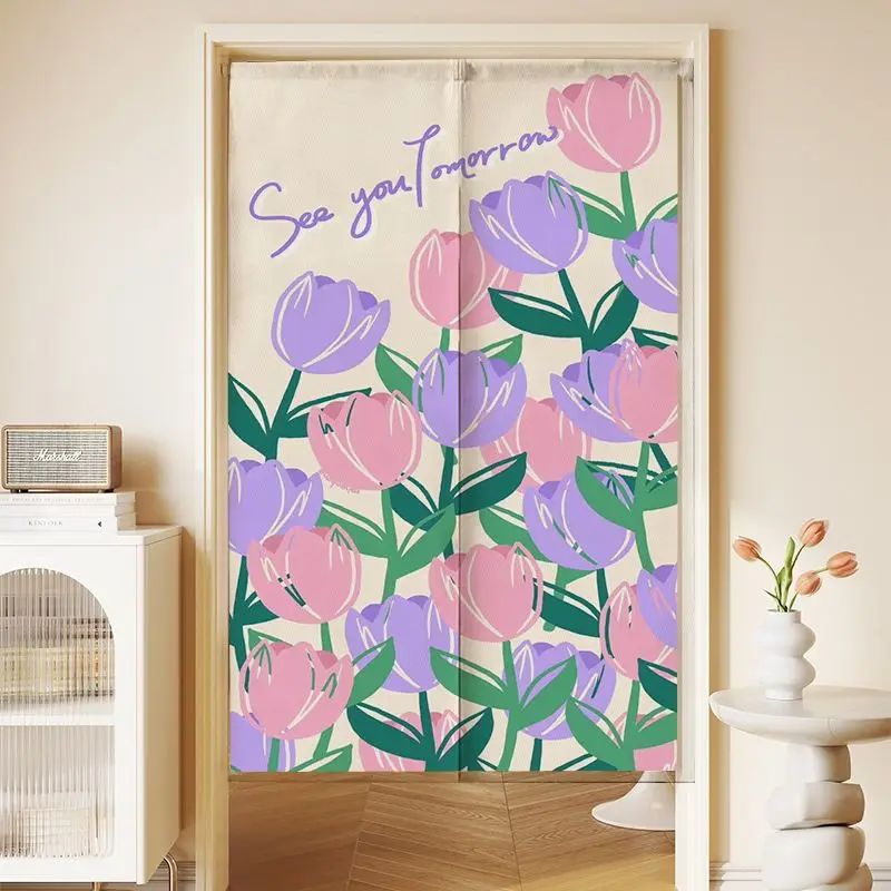 VIKAMA French Floral Half-Door Curtain, Artistic Tulip Fabric Room Divider, Entryway Privacy Curtain, Home Decor