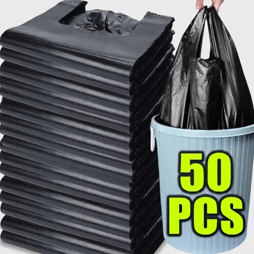New Black Handled Trash Bags 50 PCS Pack Disposable Plastic Vest Bags Multi-Purpose Vest Trash Bags Moving Supplies