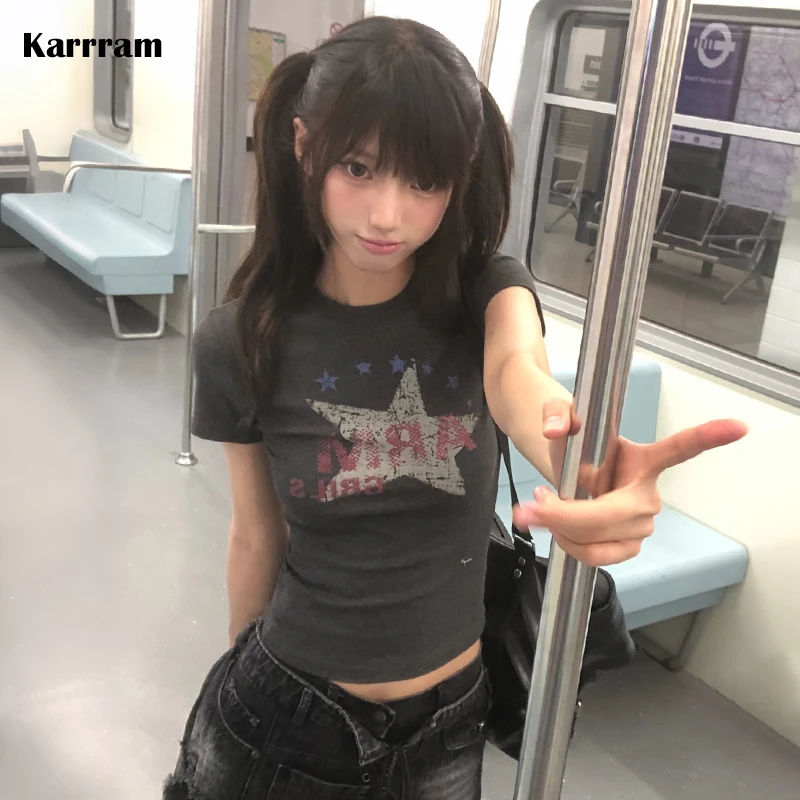 Karrram Japanese Y2k Letter Print T-shirt Trashy 2000s Style Gray Tops Vintage Harajuku Short Sleeve Streetwear American Retro