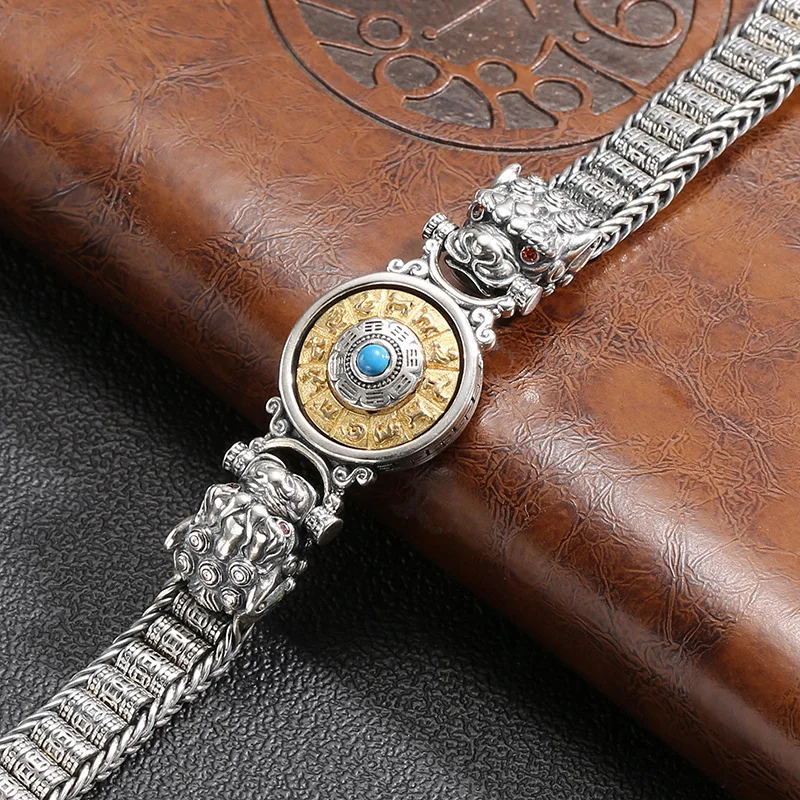 Handmade Silver Color Prayer Wheel Bracelet Men Transfer Beads Six-Character Mantra Retro Women Charm Chain
