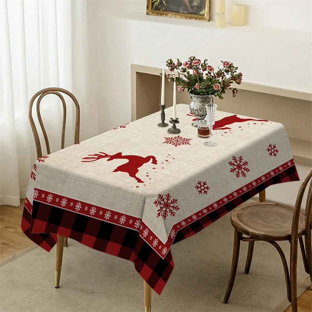 Red black plaid elk Sleigh snowman Christmas party table cloth end tablecloth New Year decorations