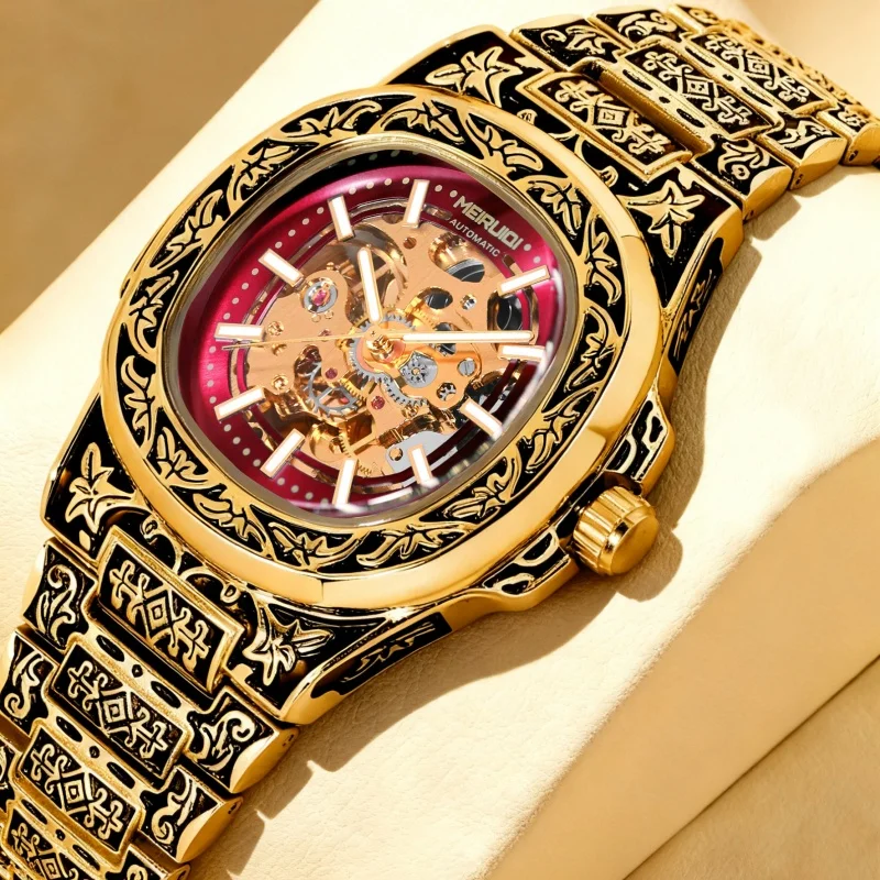 A men's yellow red fashionable high-end precision carved texture fully automatic stud mechanical watch