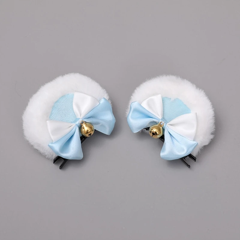 Handmade Faux Fur Round Bear Ears Hair Clip Sweet Double Bowknot Plush Animal Hairpins Anime Cosplay Hair