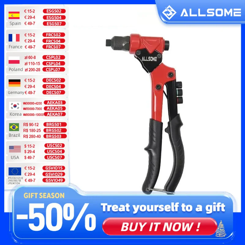 ALLSOME 360° Swivel Head Rivet Nut Guns 3 in 1 Hand Riveter of Sleeve Nuts Threaded Tool for Auto M3/4/5/6 Multi Reaming