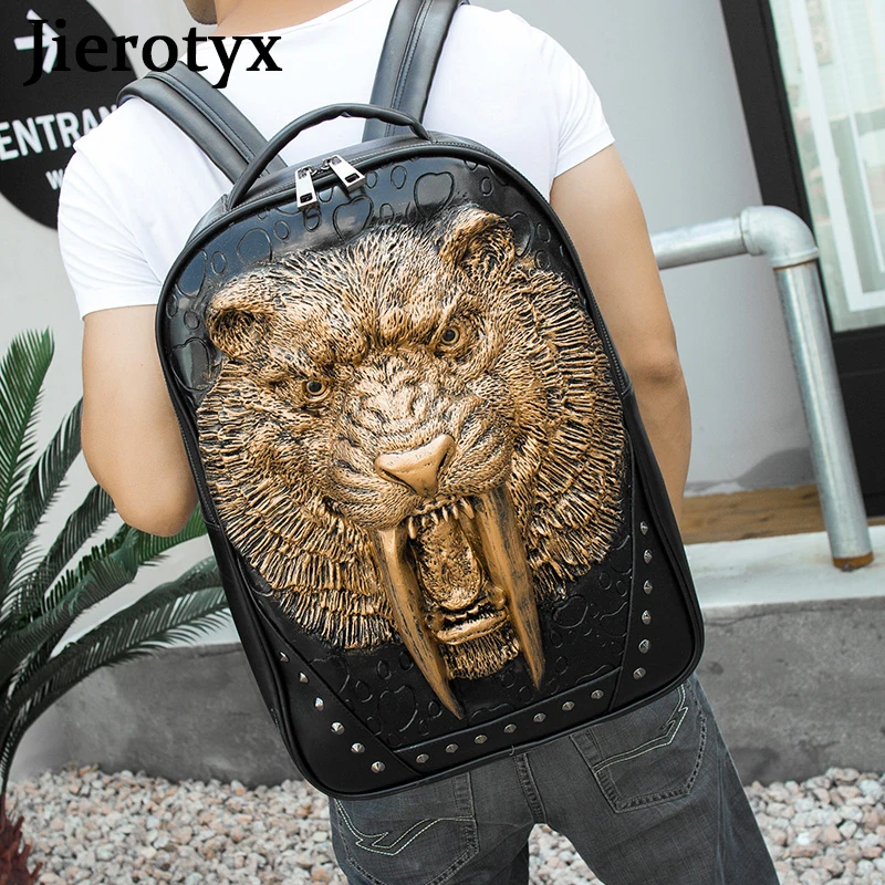 JIEROTYX Gold 3D Animal Head Backpack for Women Studded PU Leather Cool Laptop Backpack College School Bookbag Men Gothic Style