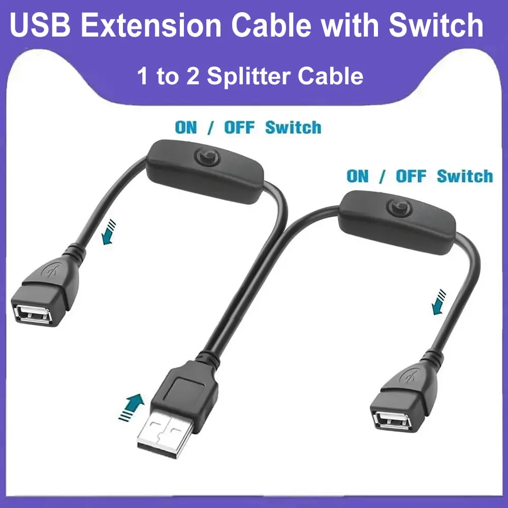 1 to 2 USB Extension Cable with On/Off Switch Male to Female Splitter Y Charing Cord for LED Lamp/Fan/LED Strips etc