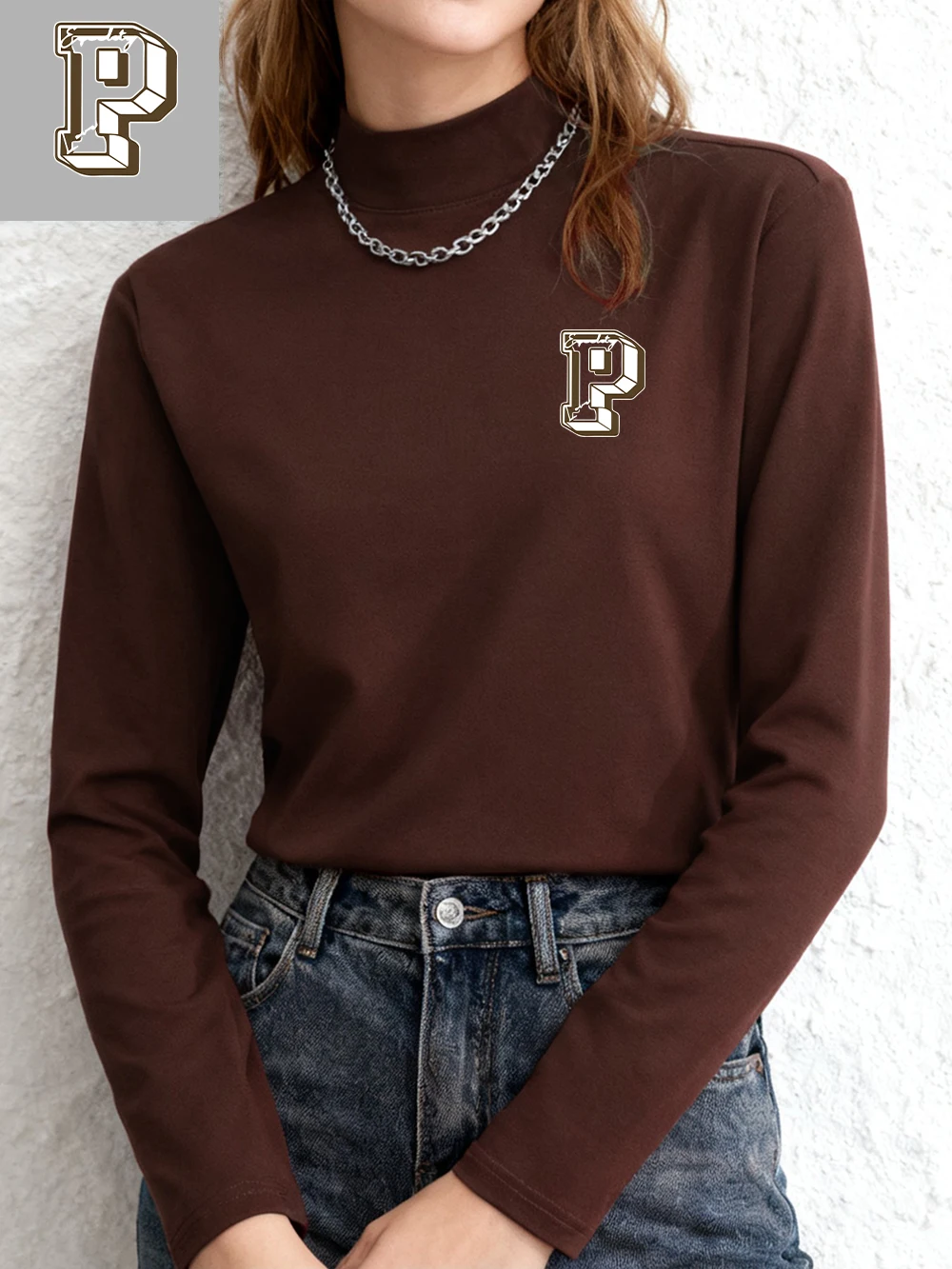 T-Shirts mit Buchstaben-P-Druck für Damen, Winter-Fleece-Tops, schmale Passform, warm, halber Rollkragenpullover, Hemd, lässig, weich, Damenkleidung
