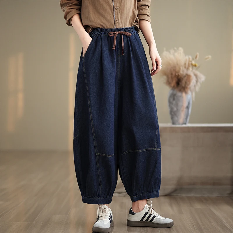 Casual jeans met wijde pijpen Dames denim lantaarnbroek Herfst splitsen Losse afslankende casual broek Veelzijdige negendelige broek
