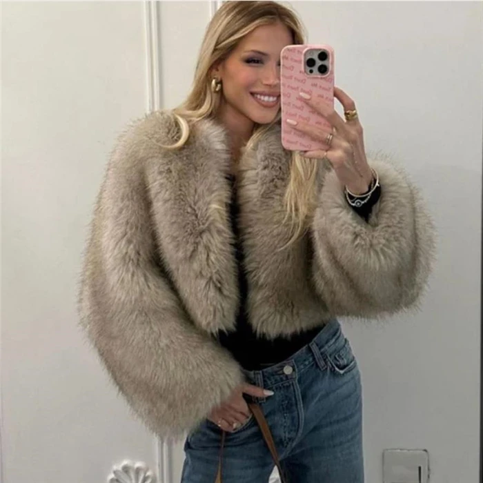 Fashionable Short  Fur Coat Jacket Women's Top Outerwear Casual Street Style Long Sleeve round Neck Loose Fit Coat