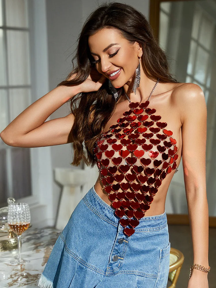 Street Sle Sexy Bal Slim Fit Vest Top for Women Summer Thin ort Length Pure Color No Sve Love Heart Sequins Crop Top