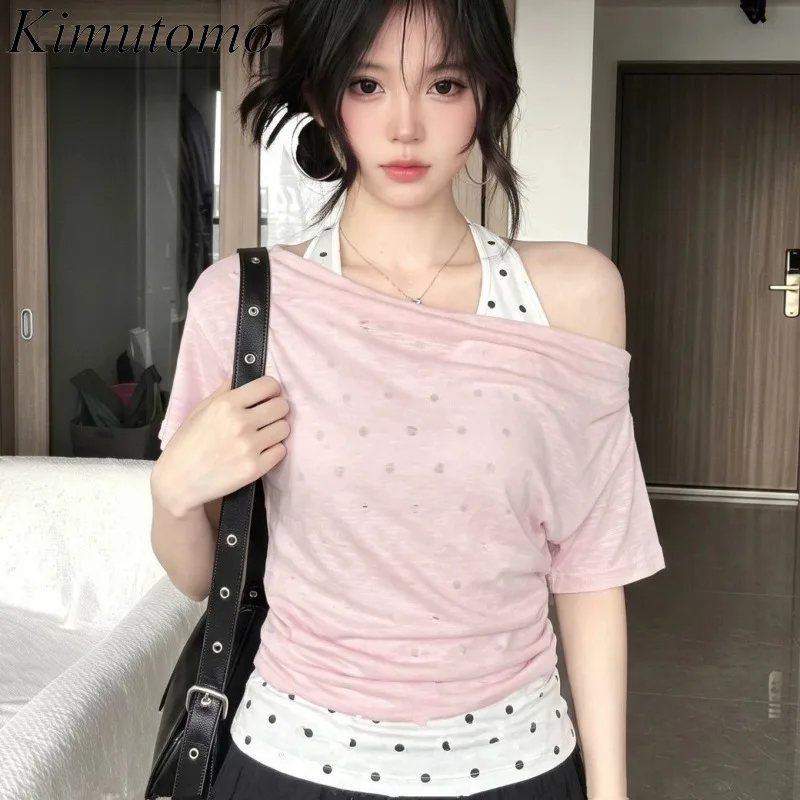 Kimutomo Women Two Piece Sets Short Sleeve T Shirts Off Shoulder Crop Tops Polka Dot Camis Y2k Aesthetic Female Casual Suits