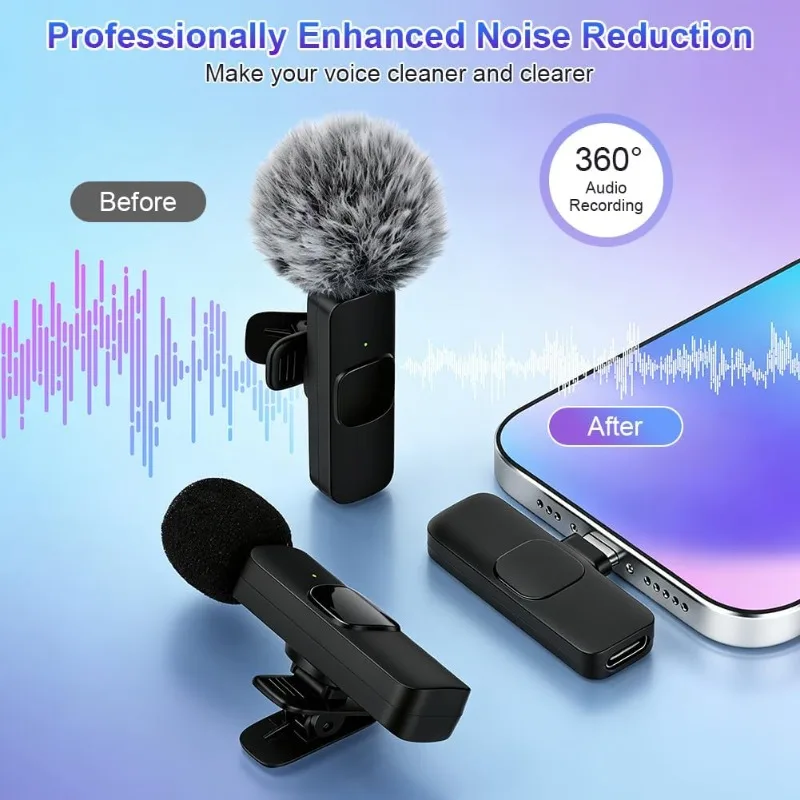 Mini micrófono de solapa inalámbrico para iPhone Android con cancelación de ruido, portátil para grabación de video, entrevistas