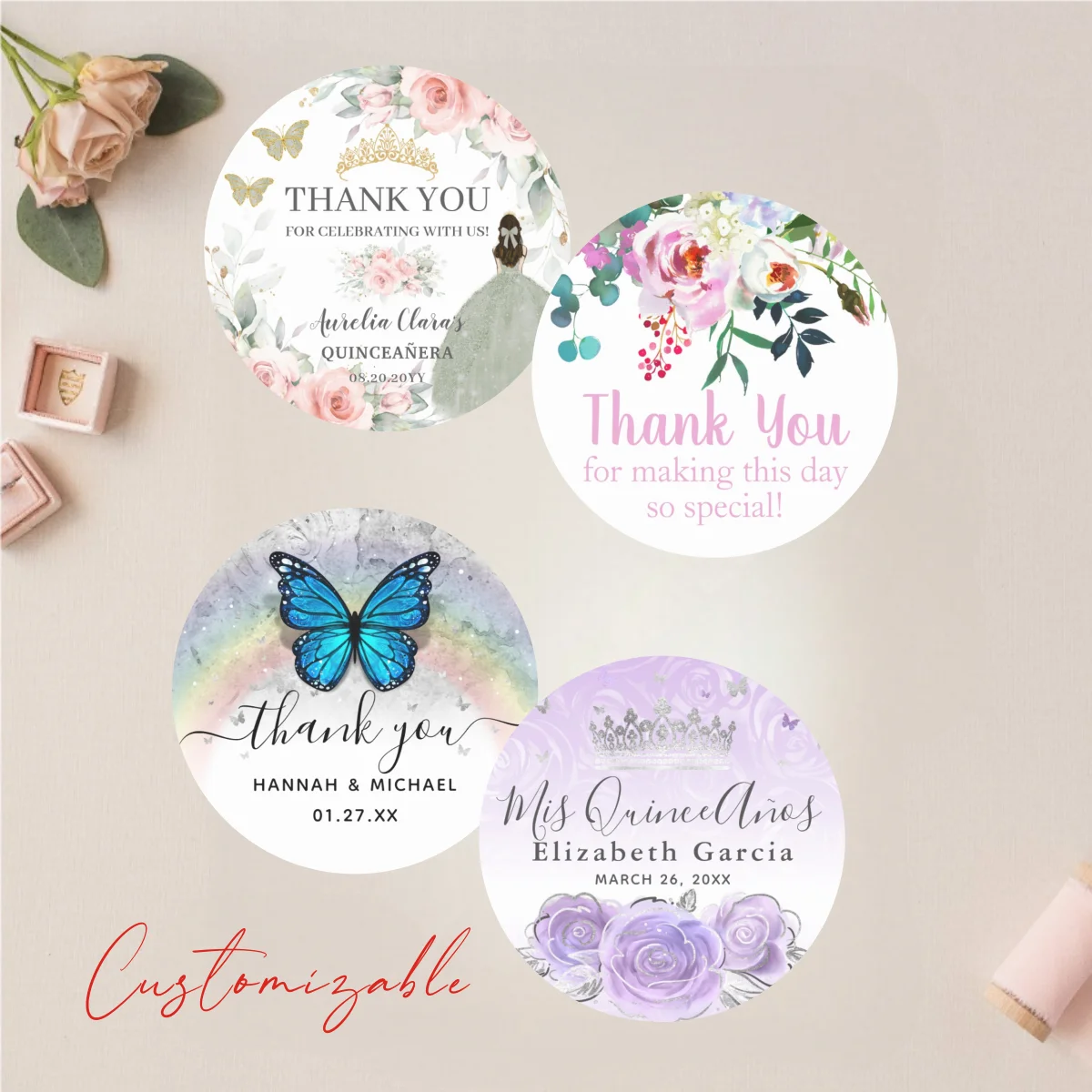Maßgeschneiderte runde Dankesaufkleber für Hochzeiten, personalisierte Dankesgeschenketiketten werden für Hochzeiten und Geburtstage verwendet.