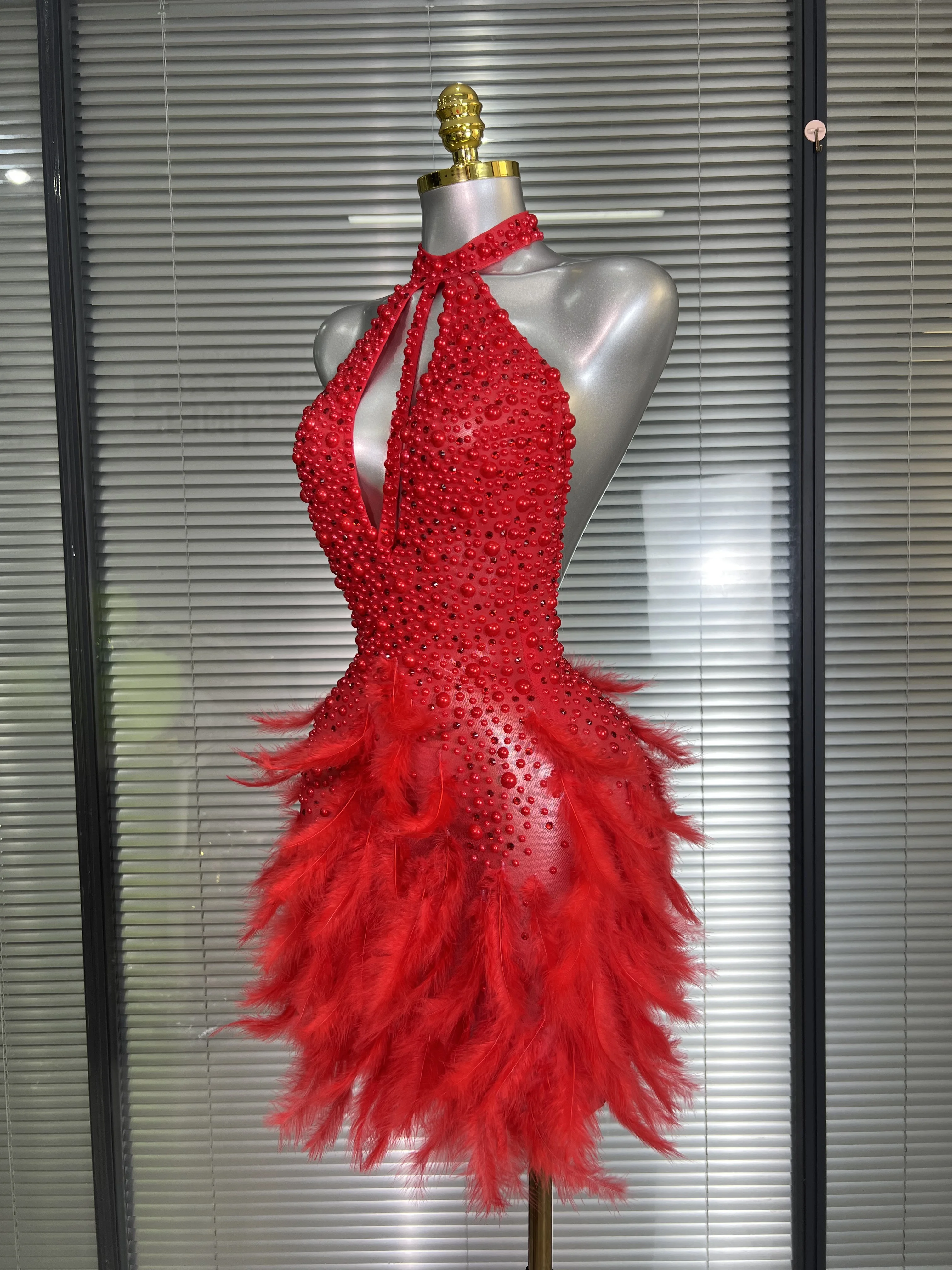 المرأة مثير عارية الذراعين شبكة الماس الريش أداء زي المرحلة راقصة البسيطة بسط ليلة نادي فستان الحفلات #5