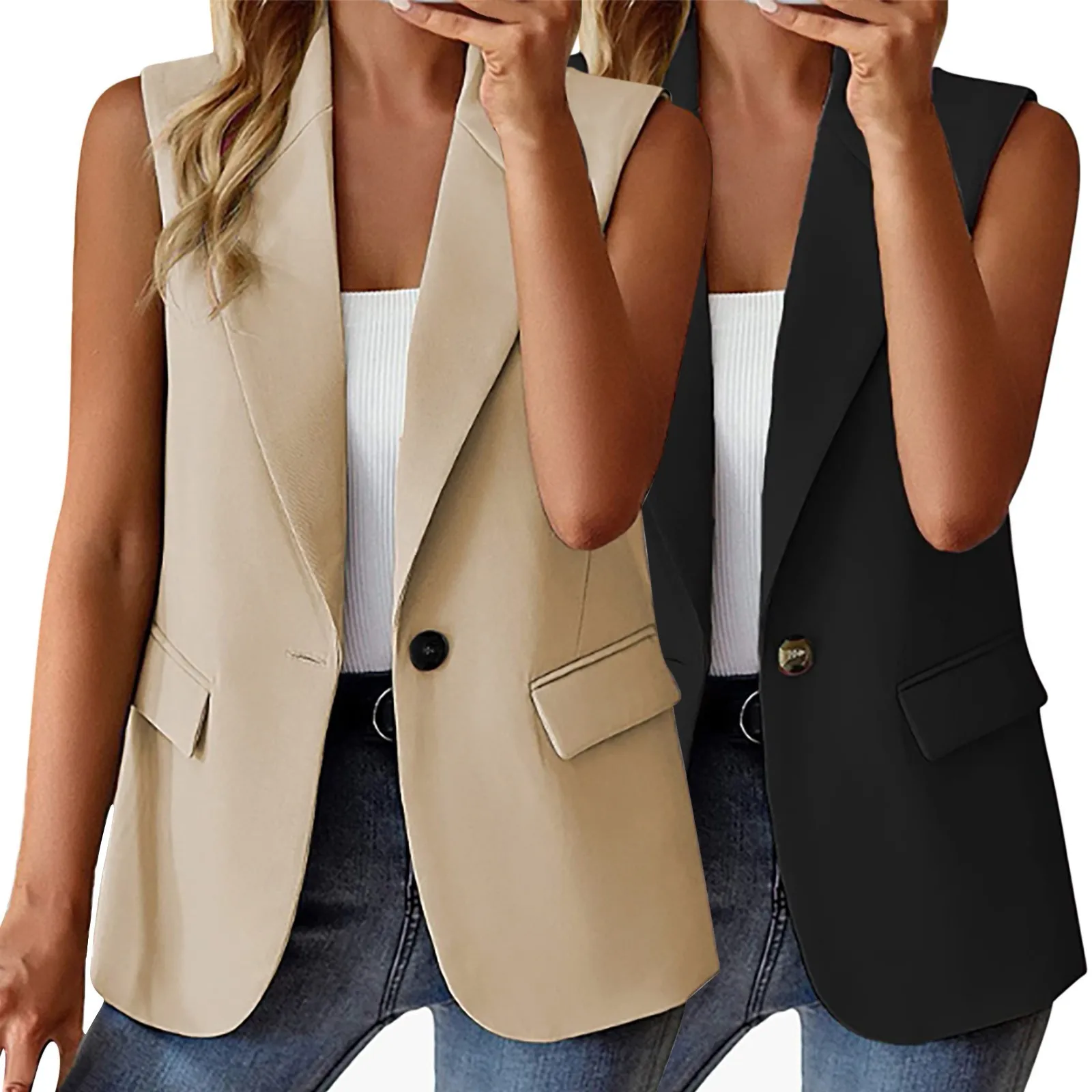 Women Blazer Waistcoat Lapel Single Button Sleeveless Formal Business Commute Straight Patch Pocket Solid Color Office Lady Coat
