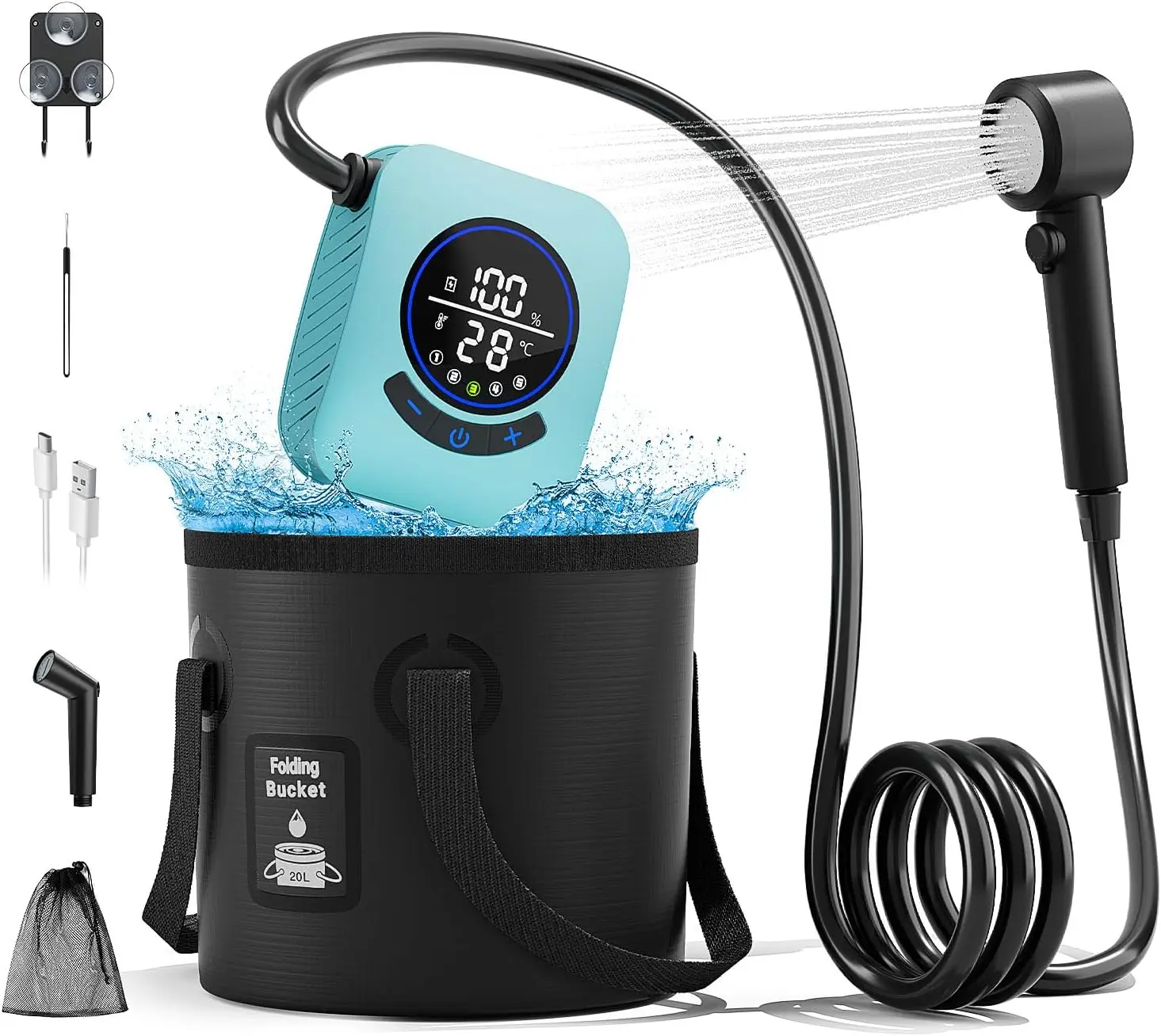 

8000mAh Portable Camping Shower with LED Display, 5 Gallon Bucket, 6L/min Pump, IPX8, for Outdoor