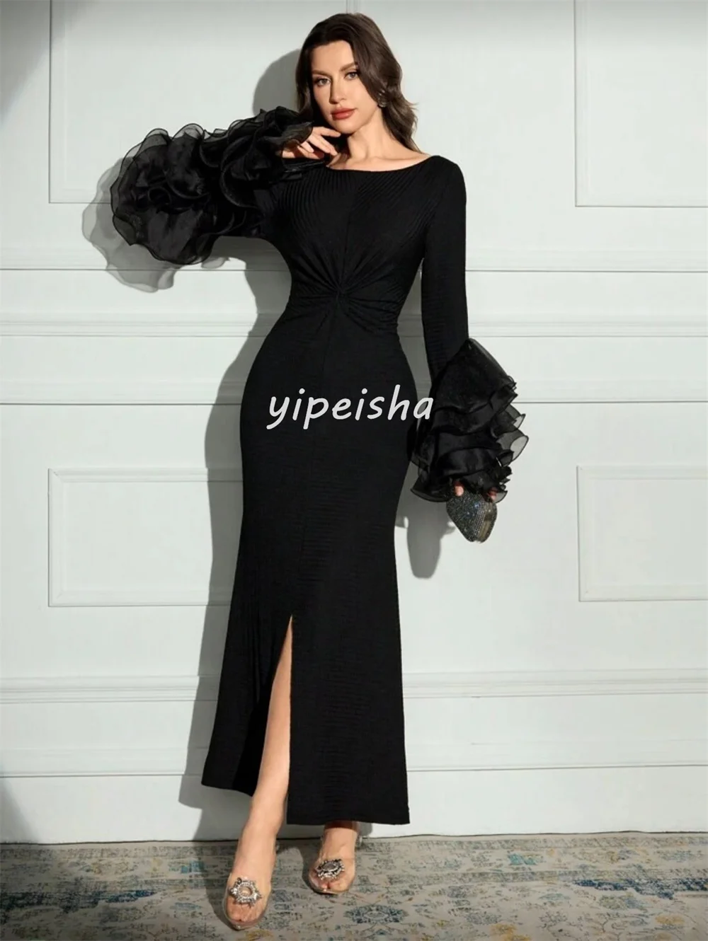 تخصيص مثير عارضة جيرسي الطية Ruched حورية البحر مغرفة الرقبة فساتين متوسطة الطول فساتين مناسبة مخصصة النمط الصيني جودة عالية #4