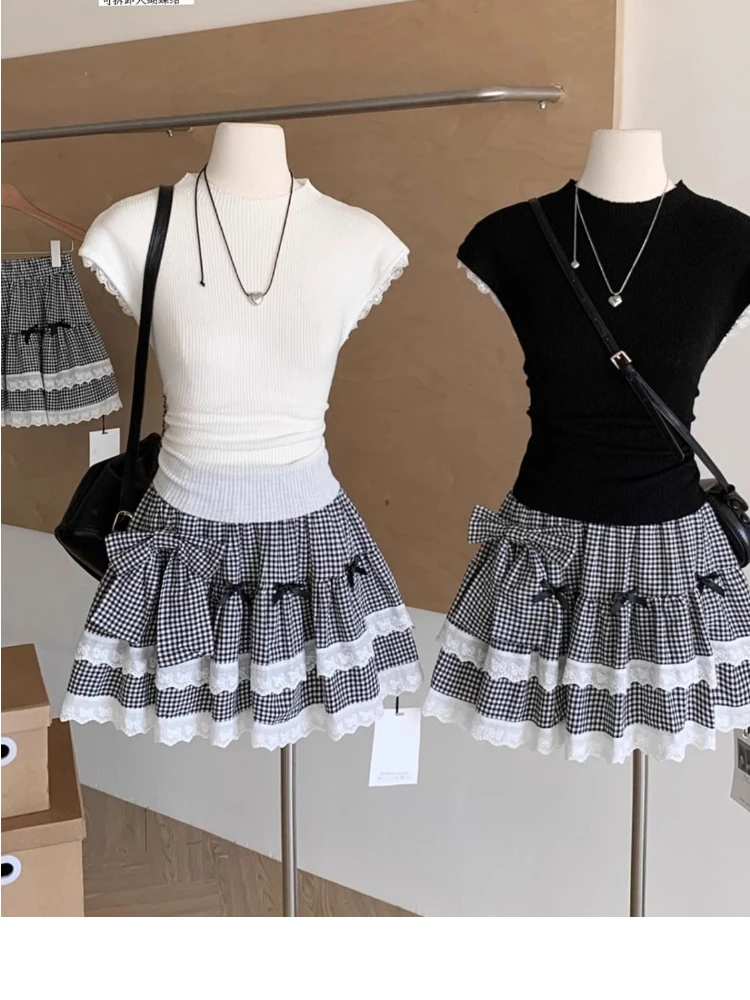 Japonais doux nœud dentelle épissage jupe à carreaux femmes été taille haute plissée couches gâteau gonflé Mini jupes Y2k Faldas