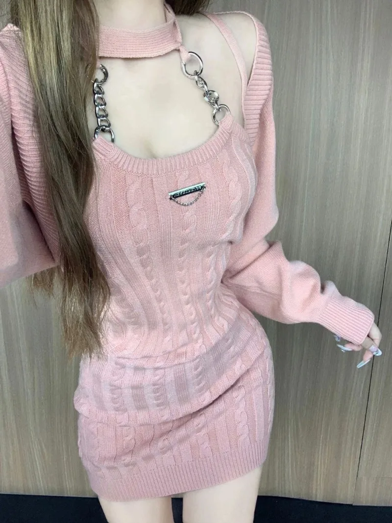 Fashion Hot Girl  knitted Sets For Women 2 Pieces Crop Top Pink Cardigan Female Mini Wrap Knitted Dresses Elegant Women\'s Sets